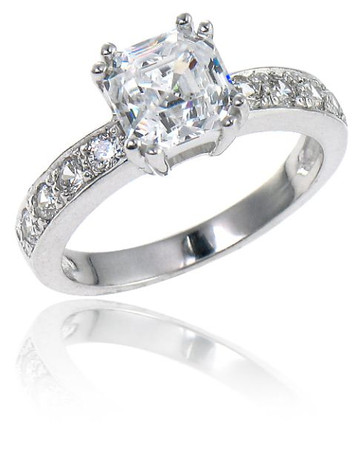 Asscher Cut 1.5 Carat Solitaire Engagement Ring with lab grown diamond simulant cubic zirconia in 14k white gold.