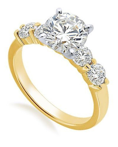 Scalloped 1.5 Carat Round Solitaire Engagement Ring with lab grown diamond simulant cubic zirconia in 14k yellow gold.