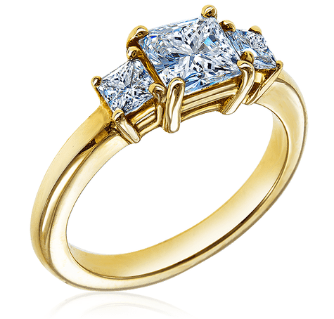 Princess cut three stone lab grown diamond quality cubic zirconia anniversary engagement ring in 14k yellow gold.