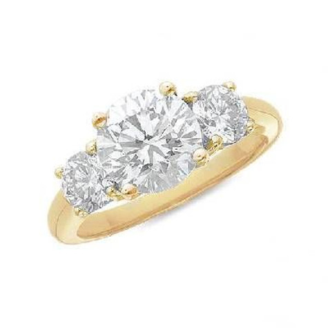 Three stone round .50 carat center lab grown diamond alternative cubic zirconia engagement anniversary ring in 14k yellow gold.