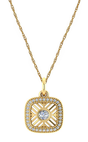 Lucerne Filigree Square Halo Bezel Pendant with lab grown diamond simulant cubic zirconia in 14k yellow gold.