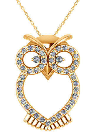 Owl Pendant with pave set round laboratory grown diamond look cubic zirconia in 14k yellow gold.