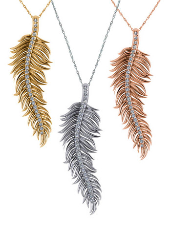 Feather Pendant with pave set round laboratory grown diamond look cubic zirconia in 14k gold.