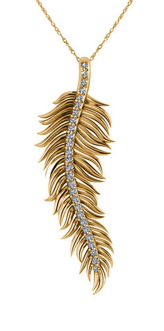 Feather Pendant with pave set round laboratory grown diamond simulant cubic zirconia in 14k yellow gold.