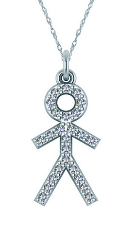 Little Boy Stick Figure Charm Pendant with pave set round lab grown diamond grown cubic zirconia in 14k white gold.