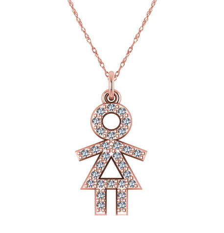 Little Girl Stick Figure Charm Pendant with pave set round lab grown diamond alternative cubic zirconia in 14k rose gold.