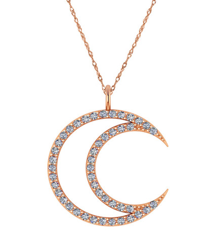 Lunar Crescent Moon Pendant with prong set round lab grown diamond quality cubic zirconia in 14k rose gold.