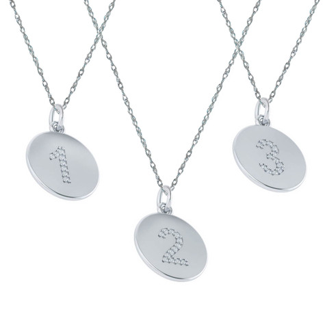 Numeric number pave lab grown diamond look cubic zirconia disc charm pendants in 18k white gold.