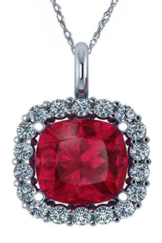 Chablis 2.5 Carat Cushion Cut Halo Pendant with lab grown diamond look cubic zirconia and man made ruby gemstone in 14k white gold.