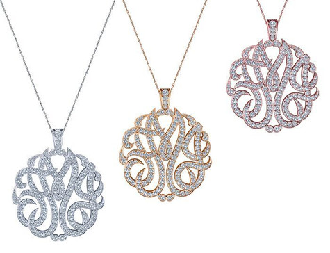 Personalized three letter script monogram lab grown diamond quality cubic zirconia pendant pave necklaces 14k gold, 18k gold and platinum.