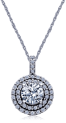 Carousel 1 Carat Round Double Halo Pave Pendant with lab grown diamond simulant cubic zirconia in 14k white gold.