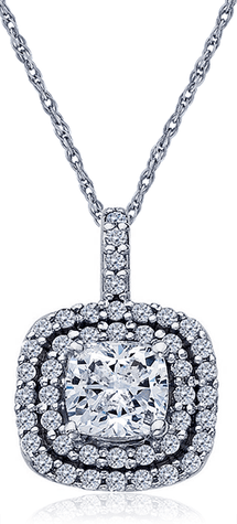 Carousel 1 Carat Cushion Cut Double Halo Pave Pendant with lab grown diamond simulant cubic zirconia in 14k white gold.