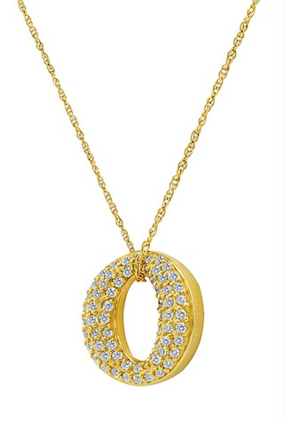 O Wreath Circle of Love Micro Pave Set Round Pendant with lab grown diamond quality cubic zirconia in 14k yellow gold.