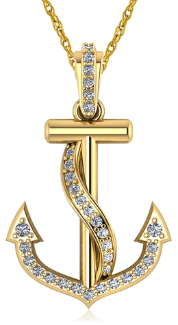 Nautical Anchor Pendant with lab grown diamond quality cubic zirconia in 14k yellow gold.