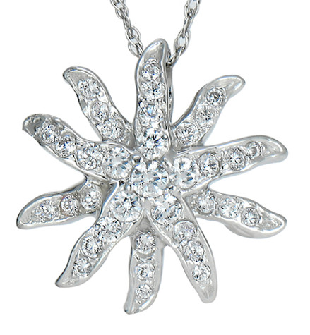 Sunburst Pave Set Round Pendant with lab grown diamond alternative cubic zirconia in 14k white gold.