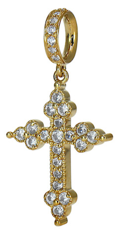 Fiorino Pave Set Round Cross Pendant with lab grown diamond look cubic zirconia in 14k yellow gold.