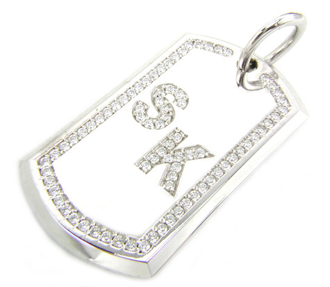 Personalized initial dog tag pave set lab grown diamond simulant cubic zirconia pendant in 14k white gold.