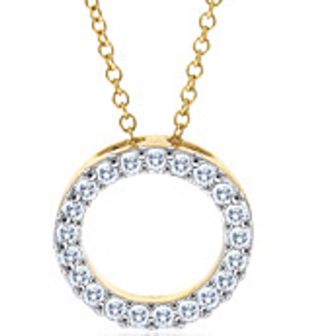Small Circle of Love Pave Set Round Anniversary Pendant with lab grown diamond simulant cubic zirconia in 14k yellow gold.