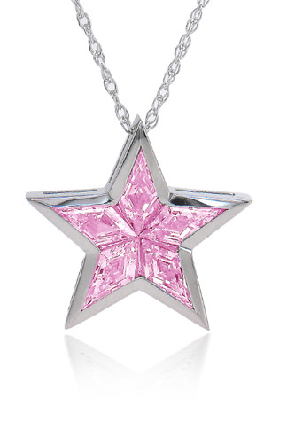 Superstar Pink Custom Kite Cut Pendant with pink laboratory grown diamond alternative cubic zirconia in 14k white gold.