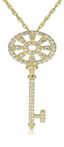 Carnivalle Key Pendant with laboratory grown diamond look cubic zirconia in 14k yellow gold.