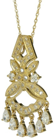Elegante Pear Pave Set Round Chandelier Pendant with simulated laboratory created diamond alternative cubic zirconia in 14k yellow gold.