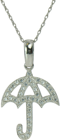 Umbrella Pendant pave set with round lab grown diamond simulant cubic zirconia in 14k white gold.