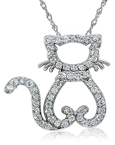 Cat's Meow Pave Set Round Kitty Pendant with lab grown diamond alternative cubic zirconia in 14k white gold.