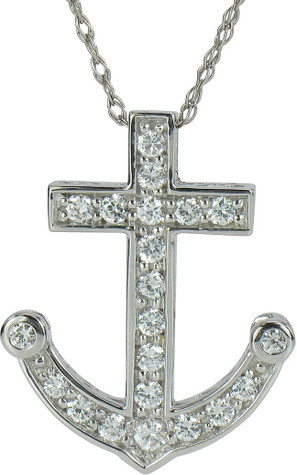 Nautical Boat Anchor Pave Set Round Pendant with lab grown diamond alternative cubic zirconia in 14k white gold.