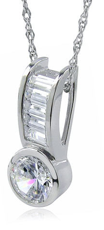 Channel Set Baguette and Bezel Set 1 Carat Round Pendant with lab grown diamond look cubic zirconia in 14k white gold.