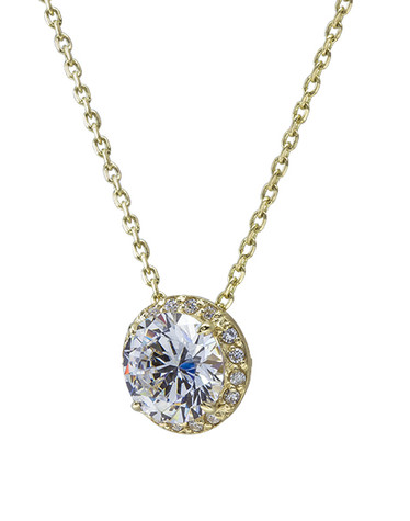 Luminous 1.25 Carat Round Micro Pave Halo Pendant with lab grown diamond look cubic zirconia in 14k yellow gold.