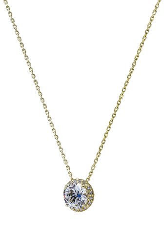 Luminous 1.25 Carat Round Micro Pave Halo Pendant with lab grown diamond look cubic zirconia in 14k yellow gold.