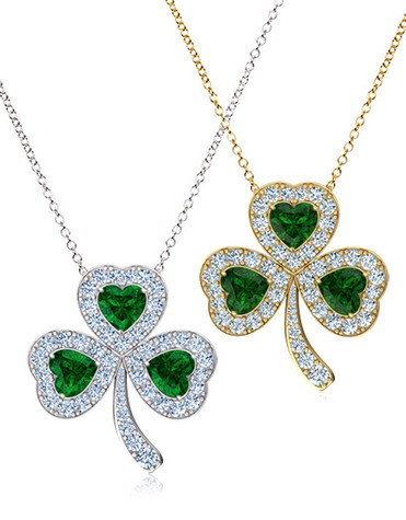 St. Patricks Day Lucky Shamrock Irish Clover Leaf Pendant with lab grown diamond look cubic zirconia in 14k gold.