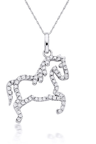 Horse Chinese Zodiac Animal Pave Set Round Pendant with lab grown diamond simulant cubic zirconia in 14k white gold.