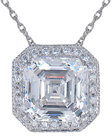 Exuberance Asscher Cut Pave Set Round Halo Pendant with lab grown diamond simulant cubic zirconia.