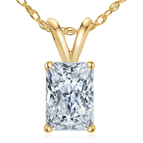 Emerald Radiant Cut .75 Carat Classic Solitaire Pendant with lab grown diamond look cubic zirconia set in 14k yellow gold.