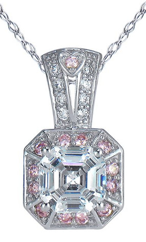 Azzer 2.5 Carat Asscher Cut Simulated Pink Diamond Halo Pendant with lab grown diamond simulant cubic zirconia in 14k white gold.