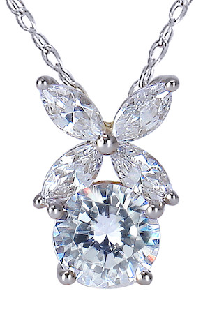 Vivienne Pendant with a 1 carat round and marquise lab grown diamond simulant cubic zirconia in 14k white gold.