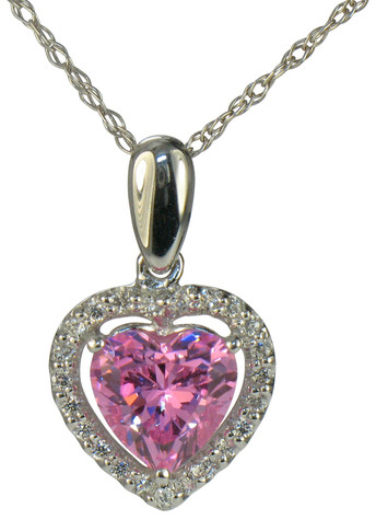 LaRue Halo Pendant 1.5 Carat Heart Necklace with pink lab grown diamond simulant cubic zirconia in 14k white gold.