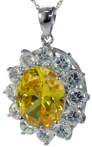 Versailles 6.5 Carat Canary Oval Halo Round Pendant with lab grown diamond look cubic zirconia in 14k white gold.