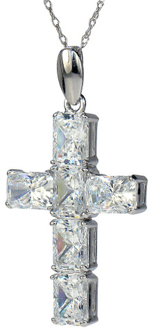 Arista Emerald Radiant Cut Cross Pendant with lab grown diamond look cubic zirconia in 14k white gold.