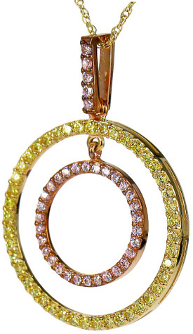 Aurelius Prong Set Round Double Circle Pendant with lab grown diamond quality cubic zirconia in 14k two tone gold.