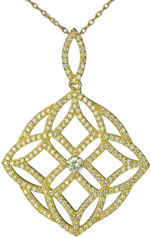 Tudora Pave Set Round Weaved Design Pendant with lab grown diamond look cubic zirconia in 14k yellow gold.