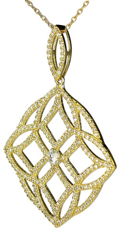 Tudora Pave Set Round Weaved Design Pendant with lab grown diamond simulant cubic zirconia in 14k yellow gold.