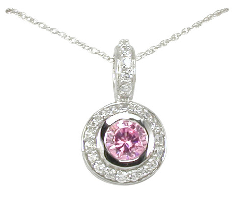 Jourdain Bezel Set Round Micro Pave Set Halo Pendant with pink lab grown diamond look cubic zirconia in 14k white gold.