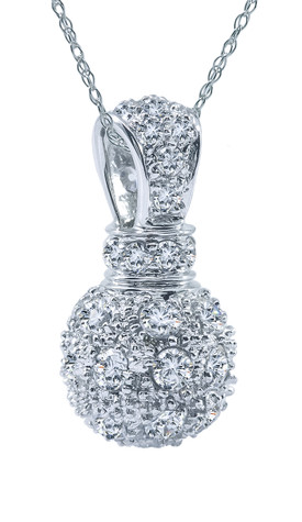 Pave Perfume Bottle Shaped Pendant with lab grown diamond look cubic zirconia in 14k white gold.