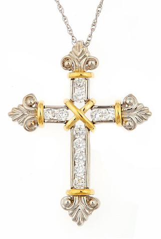 Balfour Two Tone Antique Old World Style Cross Pendant with lab grown diamond simulant cubic zirconia in 14k gold.