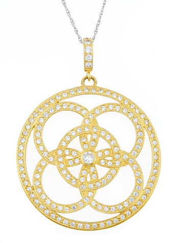 Bonjour Pave Set Round Circle Pendant with lab grown diamond alternative cubic zirconia in 14k yellow gold.