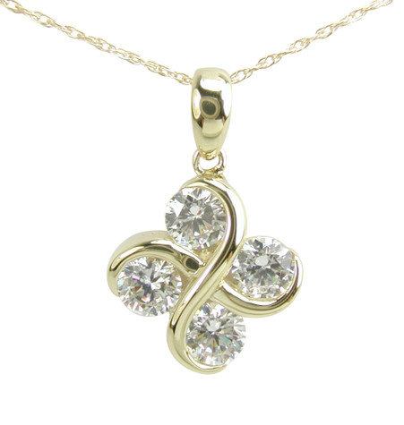 Infinite Infinity Symbol Pendant with four .50 carat each round lab grown diamond look cubic zirconia in 14k yellow gold.