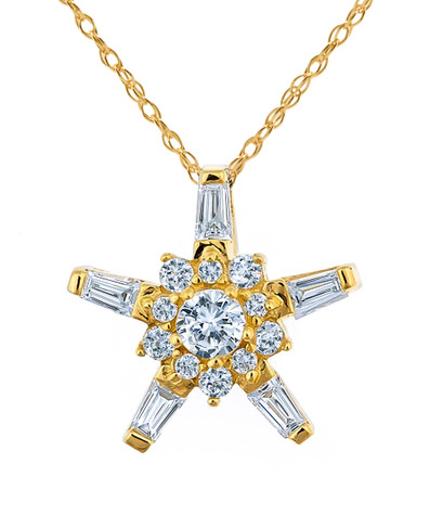 Rockefeller Star Round and Baguette Pendant with pave set round lab grown diamond simulant cubic zirconia in 14k yellow gold.