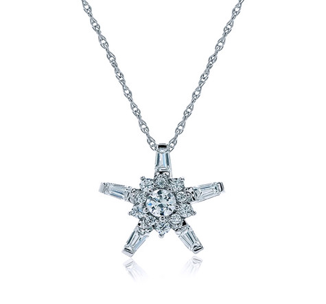 Rockefeller Star Round and Baguette Pendant with pave set round lab grown diamond alternative cubic zirconia in 14k white gold.